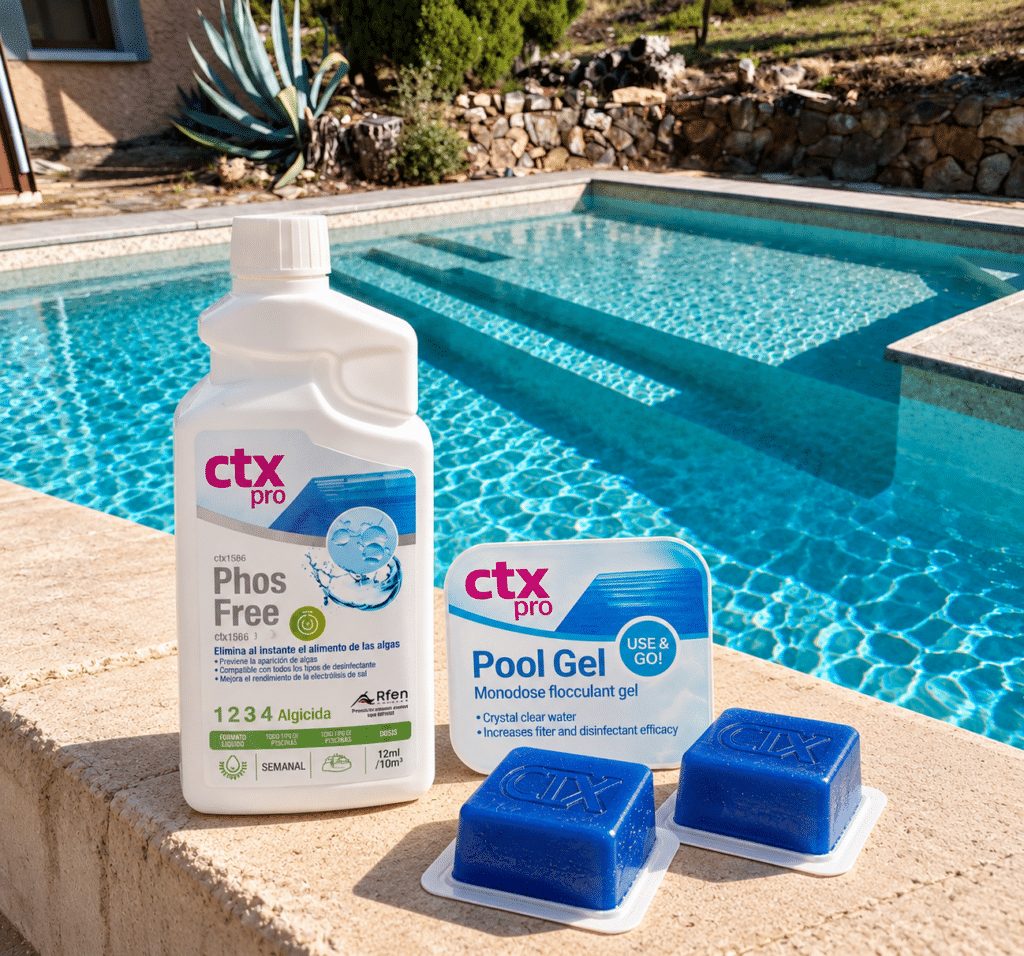 Entretien piscine CTX Pro : Phos Free et Pool Gel floculant Produits piscine CTX Pro : Algicide Phos Free et floculant Pool Gel 'Use & Go' au bord d'un bassin bleu.
