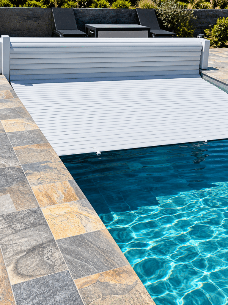 Volet roulant automatique blanc se déployant sur une piscine bleue moderne bordée de dalles en pierre naturelle.