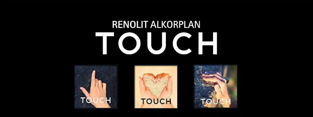 RENOVIT ALKORPLAN TOUCH : doigt pointant une surface, mains formant un cœur avec du sable, main touchant une roche texturée. Texte visible : TOUCH.