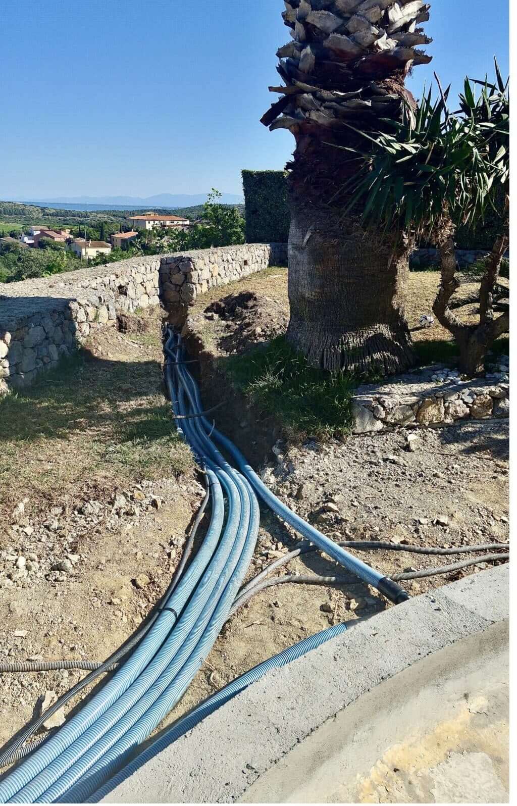 Gaines bleues de piscine installées dans une tranchée près d'un palmier dans un jardin méditerranéen.