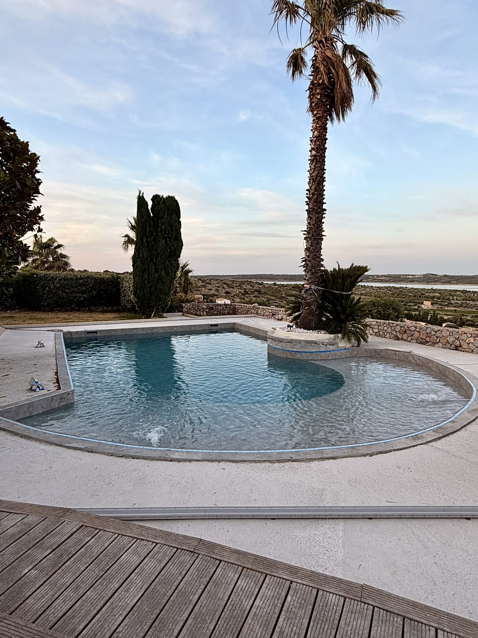 Piscine moderne avec plage immergée, grand palmier et vue panoramique sur mer au coucher du soleil.