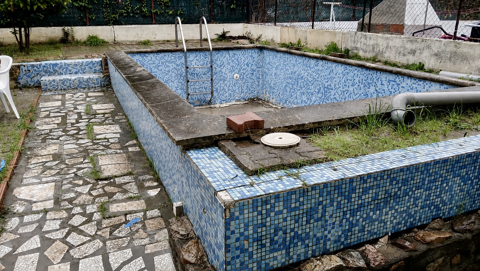 Piscine vide en mosaïque bleue délabrée avec échelle et mauvaises herbes dans un jardin négligé.
