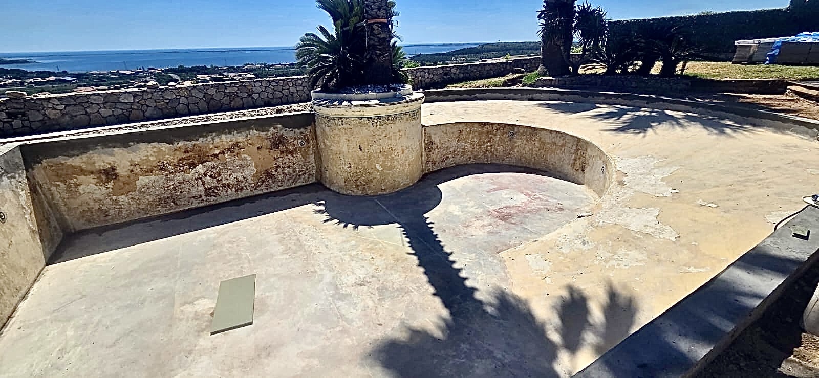 Piscine en béton vide en cours de rénovation face à la mer avec un palmier central décoratif.